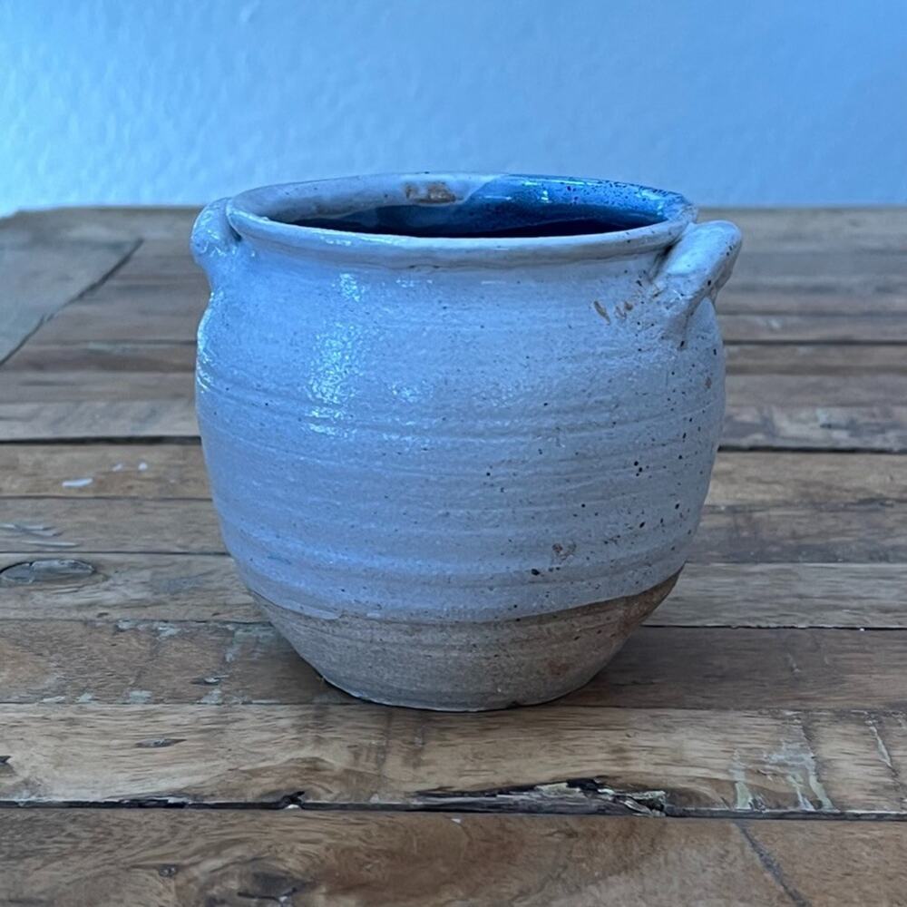 Vintage Confit 4" Rustic Earthenware Vessel Beige Blue Interior